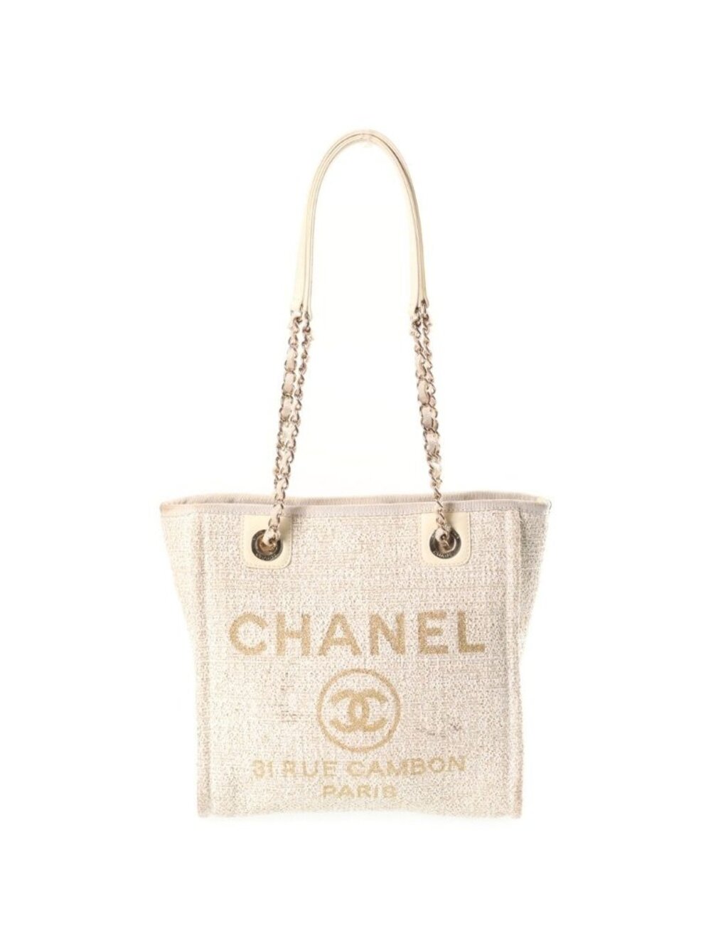 Chanel CC Logo Deauville PM Tote Bag Tweed Leather Ivory Gold Plate